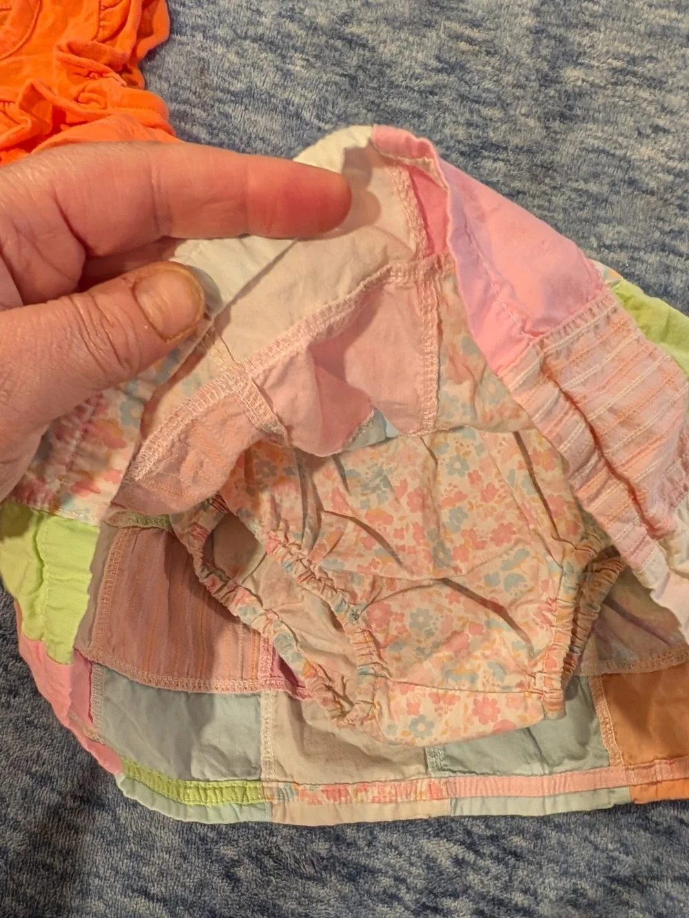 3M Orange Ruffle Sleeve Top with Pastel Patchwork Skirt